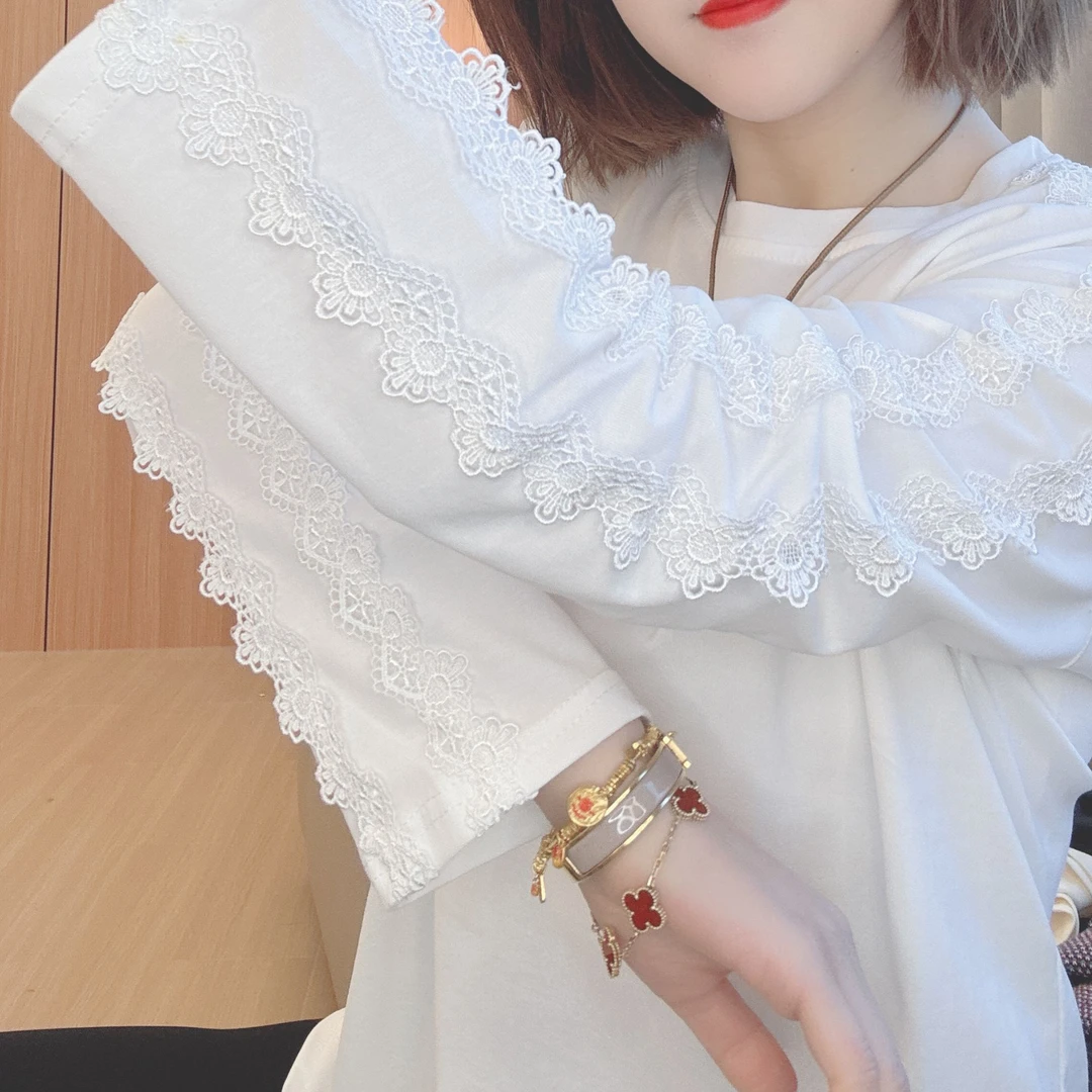 雪姐服饰「长袖蕾丝边」宽松T恤圆领蕾丝拼接长袖公主春季打底衫