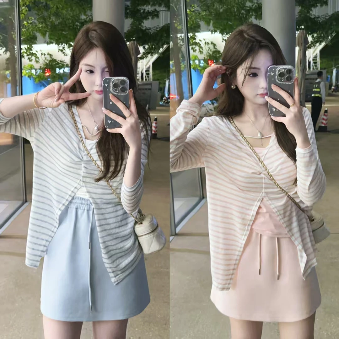 MuMu条纹撞色防晒罩衫上衣WPWGN0093+高腰A版半裙WPWGN0094套装
