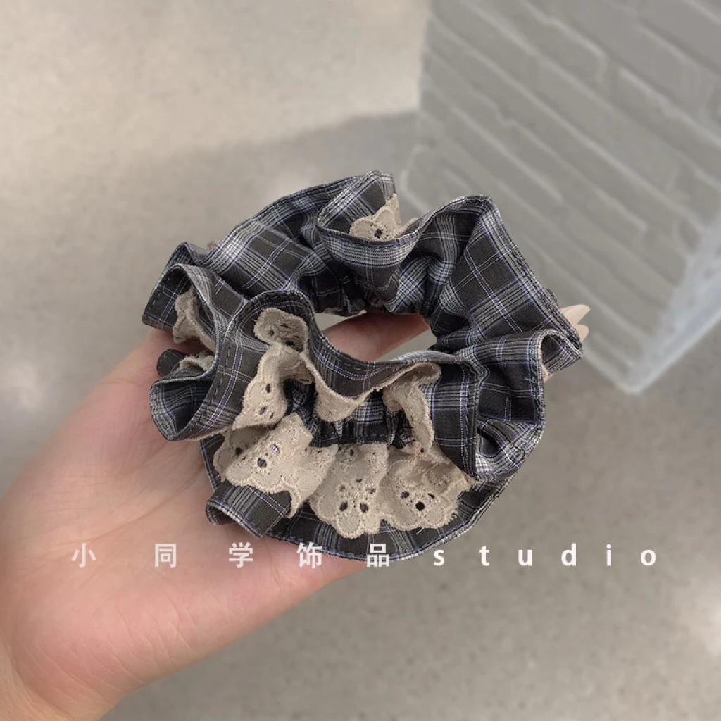 韩国原创设计师款紫色灰色咖色格子小蛮腰蕾丝花边发圈发绳头饰