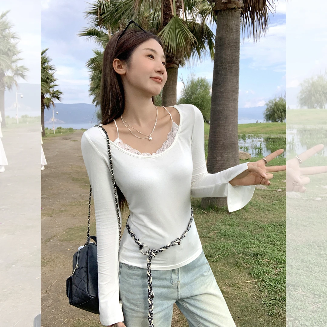 白色假两件蕾丝花边长袖T恤女2025早秋新款细肩带设计感修身上衣