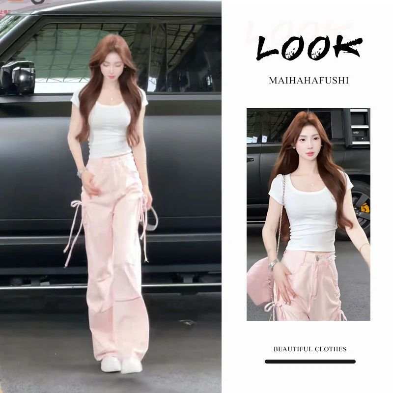 夏季一整套女装2025新款韩版百搭显瘦短袖T恤工装阔腿裤两件套装