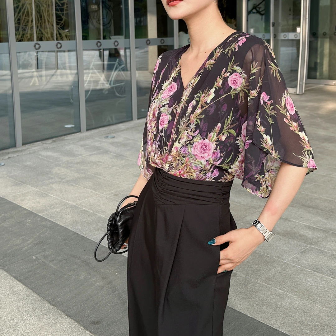 【调色师】假两件撞色短袖遮手臂显瘦轻奢夏季腰丰软长裤连体裤