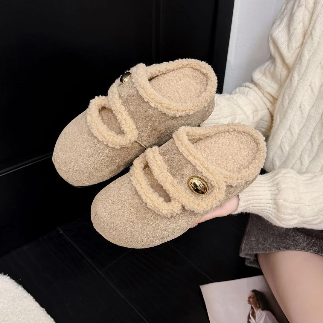 【羊羔毛】女款外穿个性勃肯包头棉拖鞋小香毛毛拖鞋软底秋冬季厚底