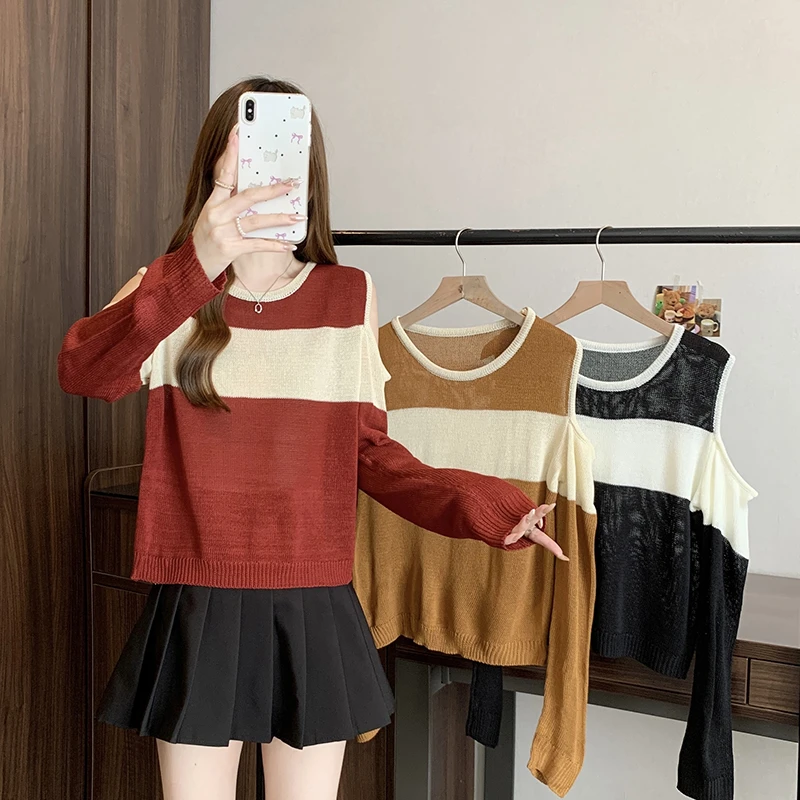 71602胖mm大码女甜美条纹显瘦性感露肩针织毛衣上衣Q