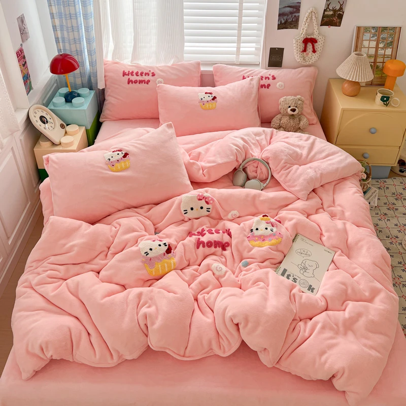 冬季可爱kt猫毛巾绣牛奶绒床上四件套加厚双面法兰绒床单被罩