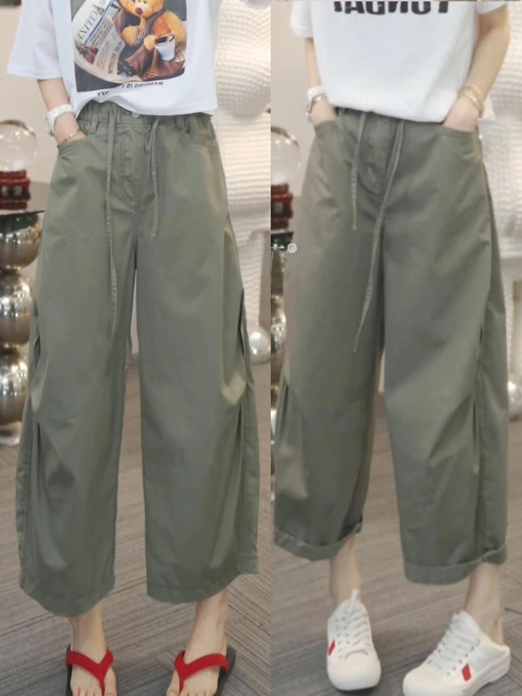 透气工装裤女2025夏季新款高腰显瘦直筒裤宽松百搭抽绳休闲阔腿裤