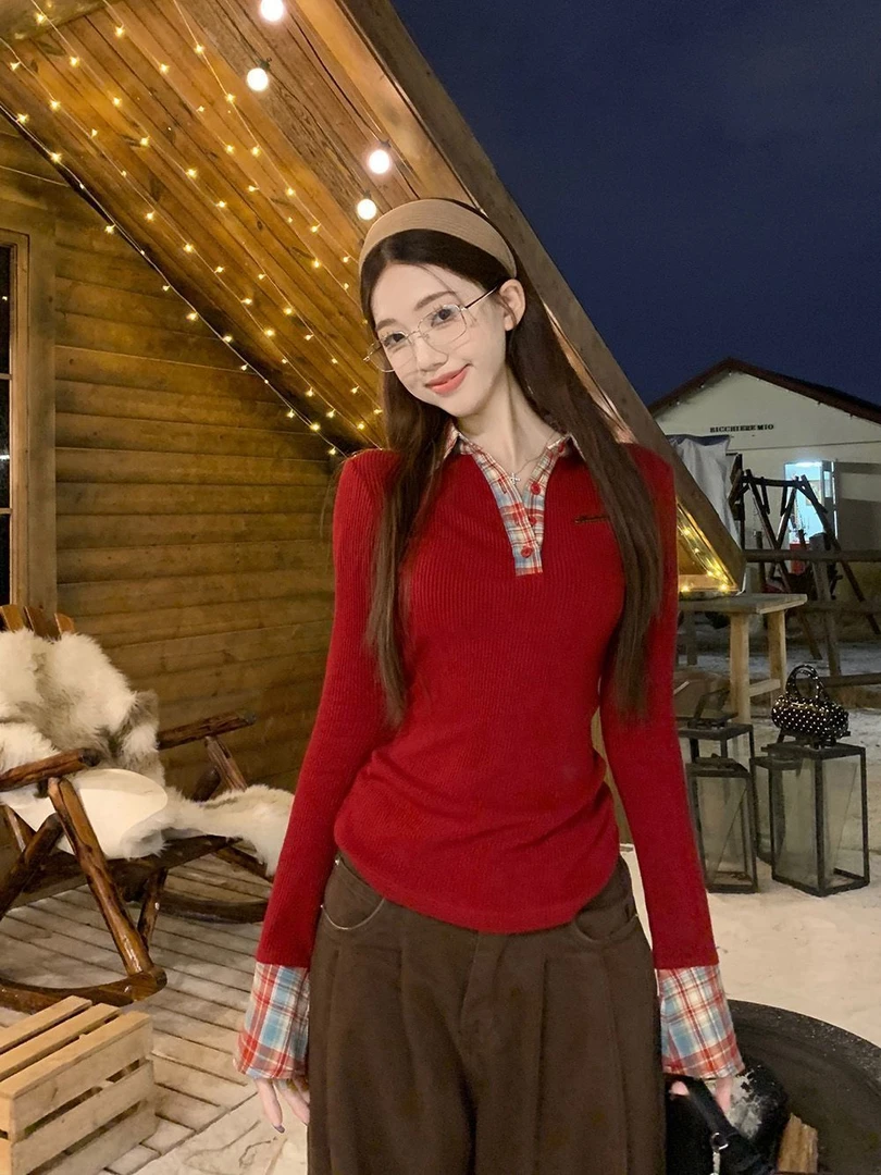 格子拼接polo复古长袖两件T恤秋季新款显瘦秋冬修身打底上衣