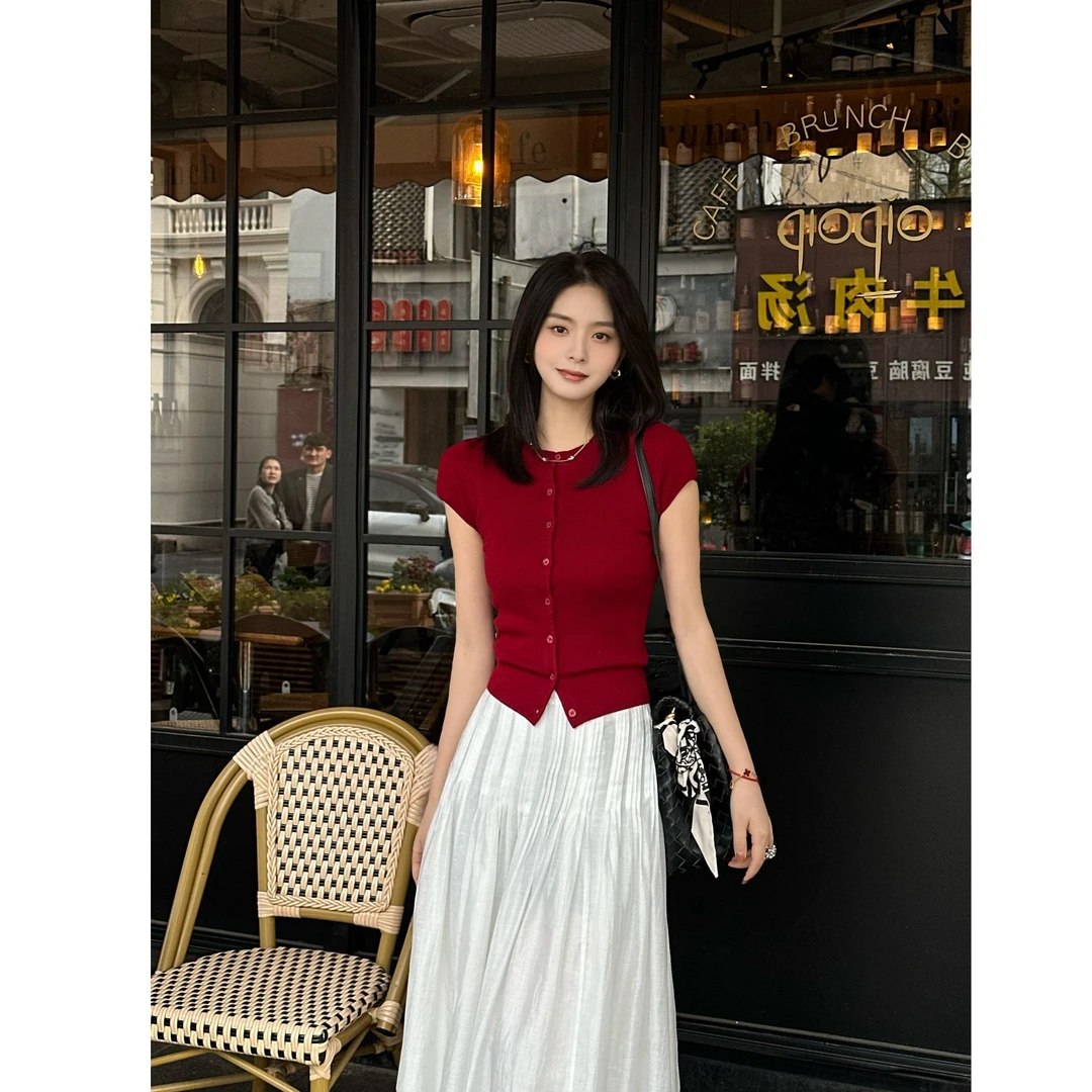 LUOZHIYIN/罗知音QC001TF夏季短袖气质纯色针织衫单排扣上衣