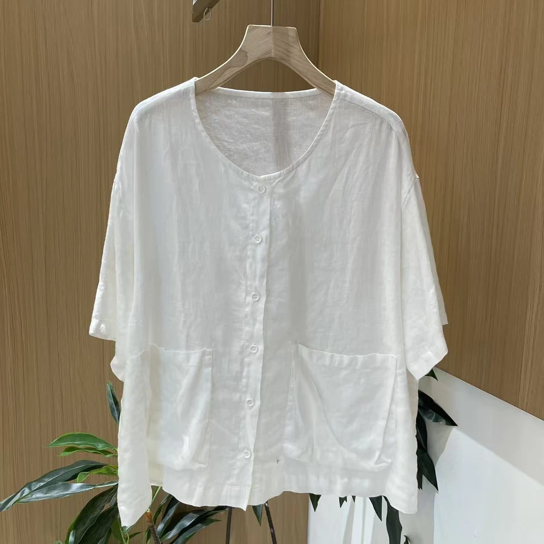 12439新款夏季优雅减龄宽松亚麻百搭上衣T恤