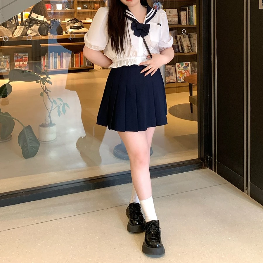 等你下课 学院风微胖显瘦高腰a字半身裙女海军领短款上衣套装
