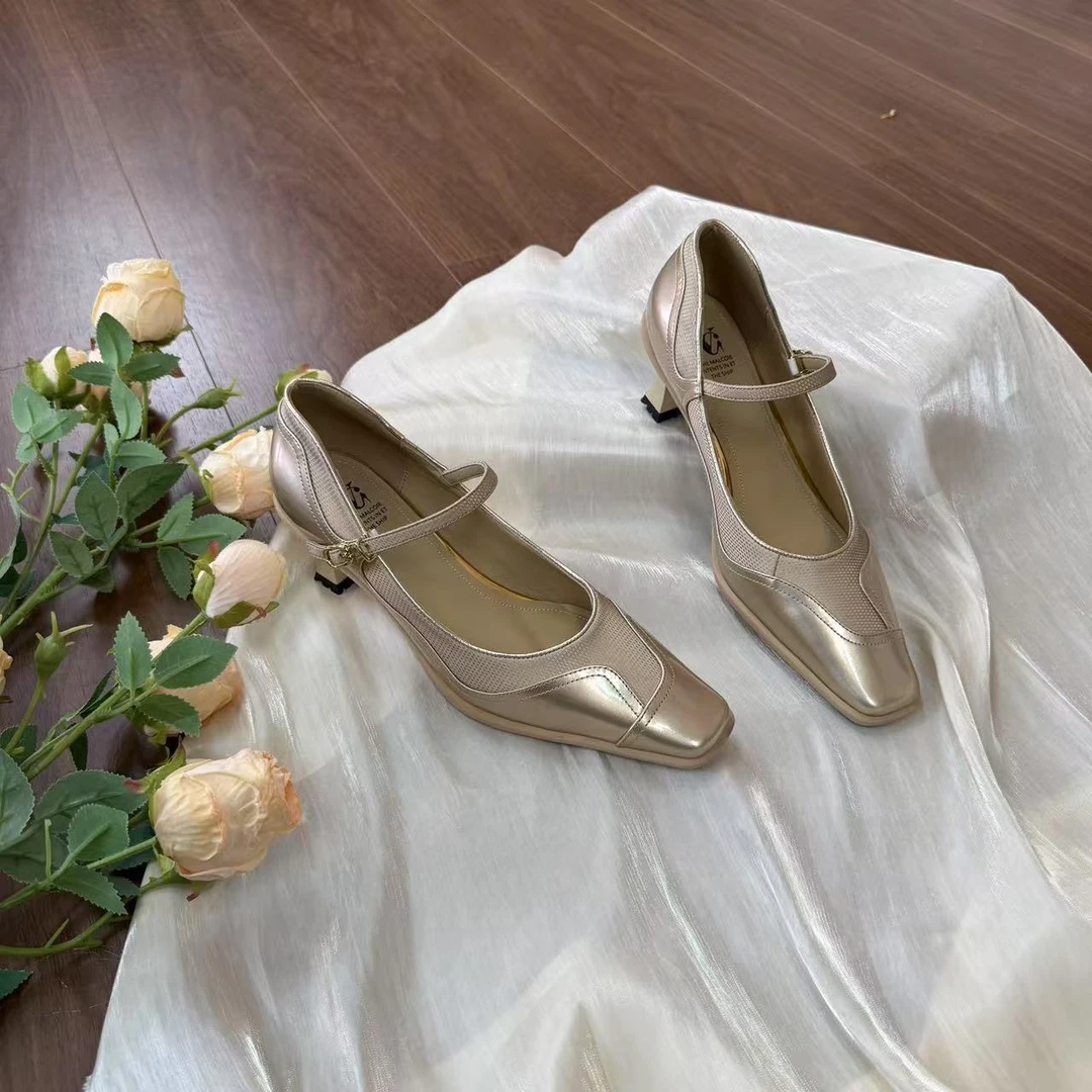 范戈希跟高5CM牛羊皮拼接一字带运动大底百搭休闲气质单鞋买1赠3