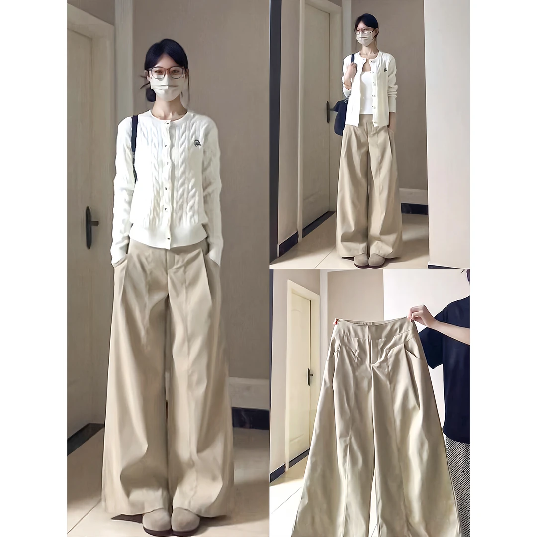 日系卡其西装阔腿裤女秋季新款2025新款高腰显瘦设计感百搭休闲裤