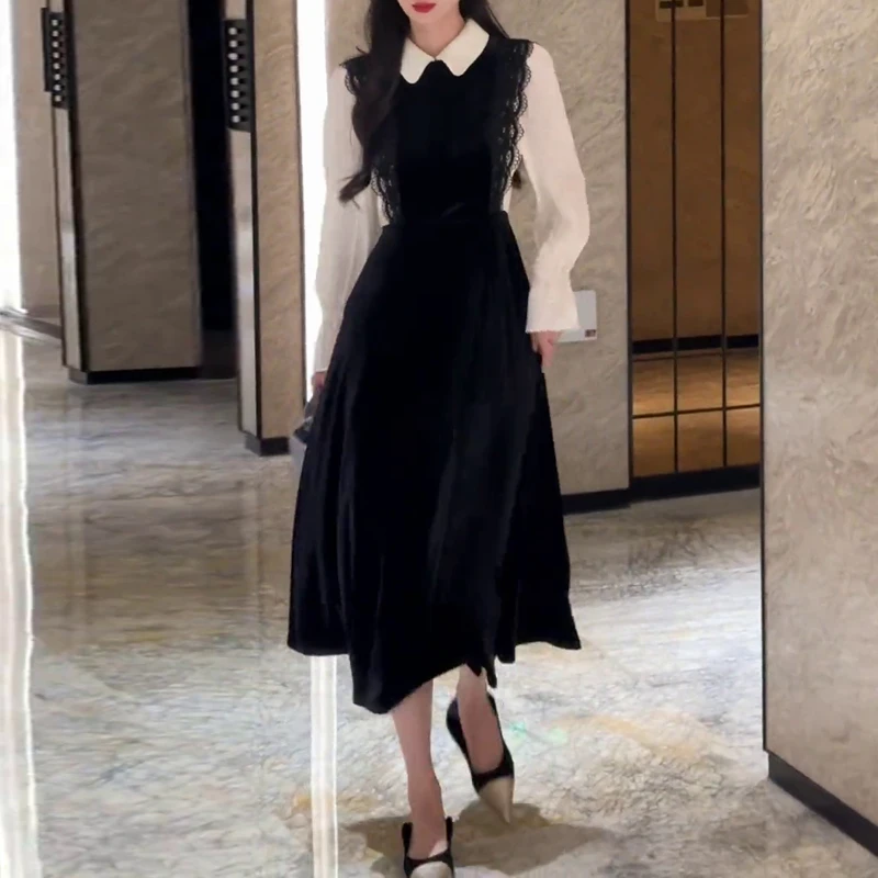 2025初秋新款不规则裙极简风套头假两件连衣裙收腰裙子秋季长裙