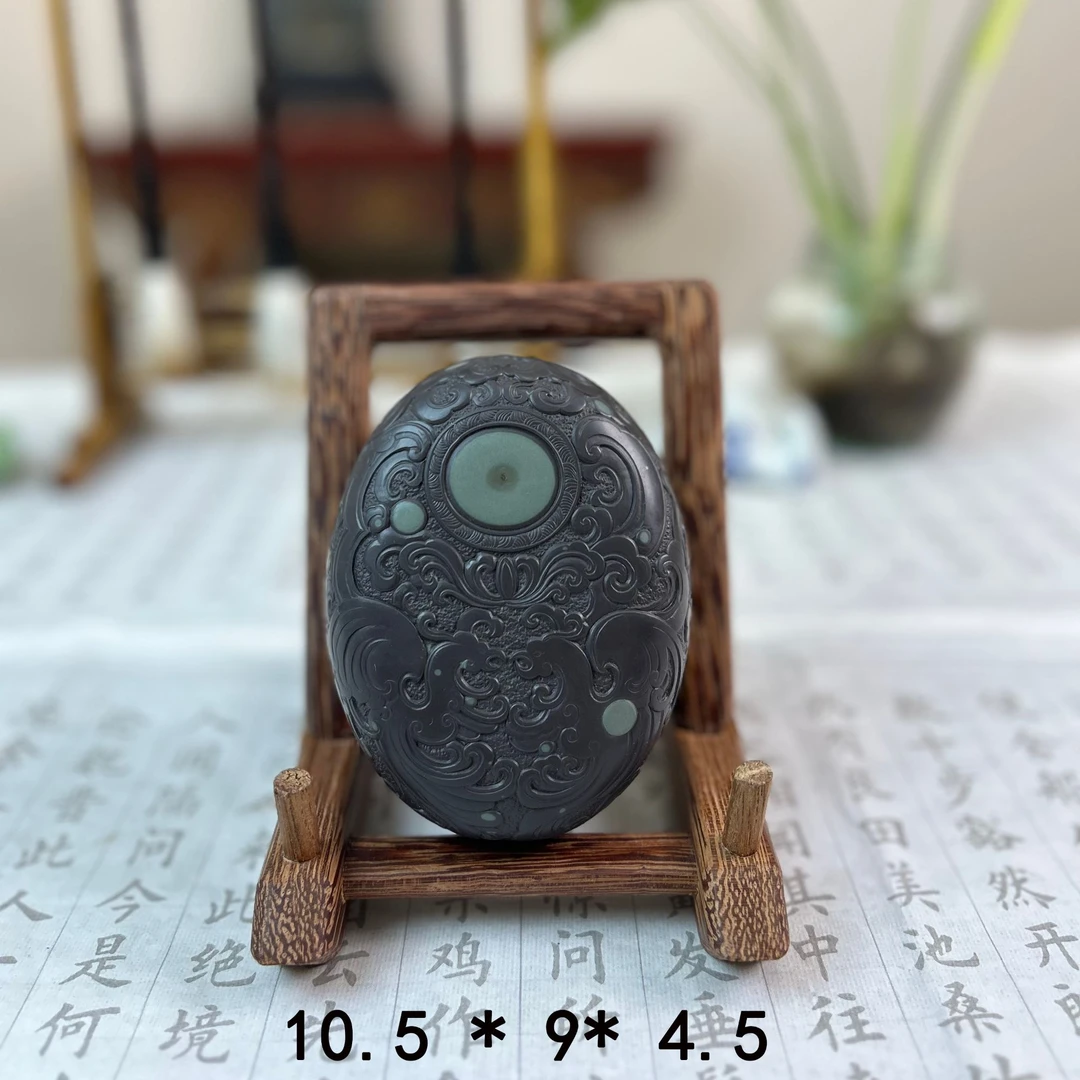 天然永仁苴却双凤椭圆宝盒盖砚