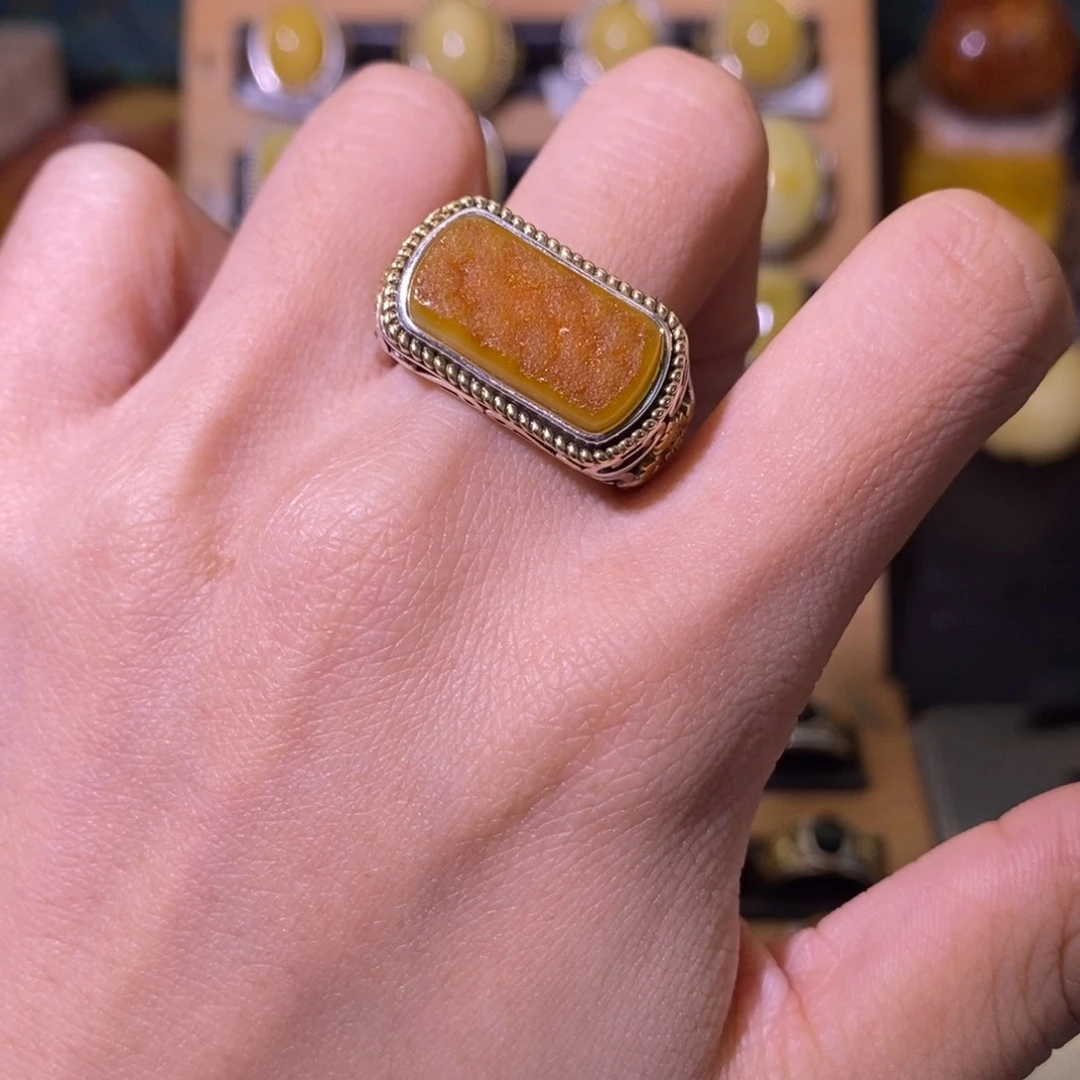 蜜蜡戒指银S925镶嵌泰*