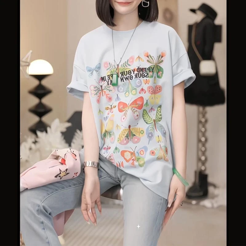 2025夏季韩式新款设计感手绘卡通图案个性短袖T恤女小众个性百搭