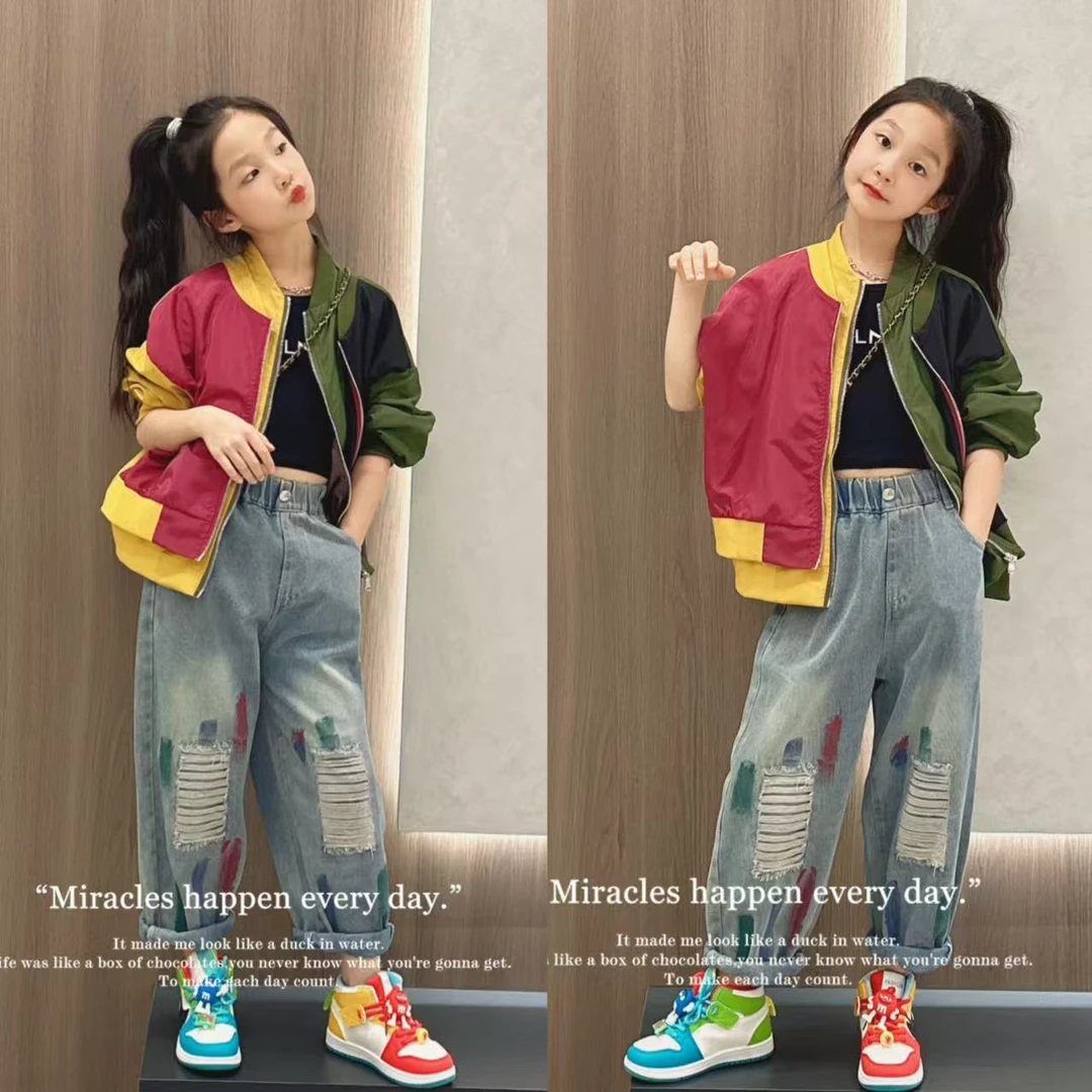 2025春款中大童拼色港风宽松夹克外套牛仔裤