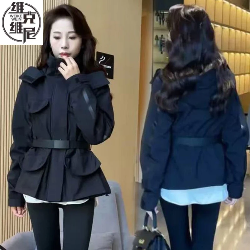杨幂同款2025冬季新款韩版时尚加绒冲锋衣外套女修身收腰连帽女服