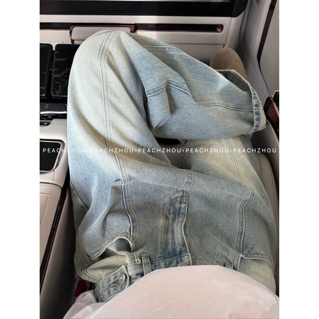 『PEACHZHOU』中线调节纽扣水洗磨白宽松直筒牛仔裤休闲百搭阔腿