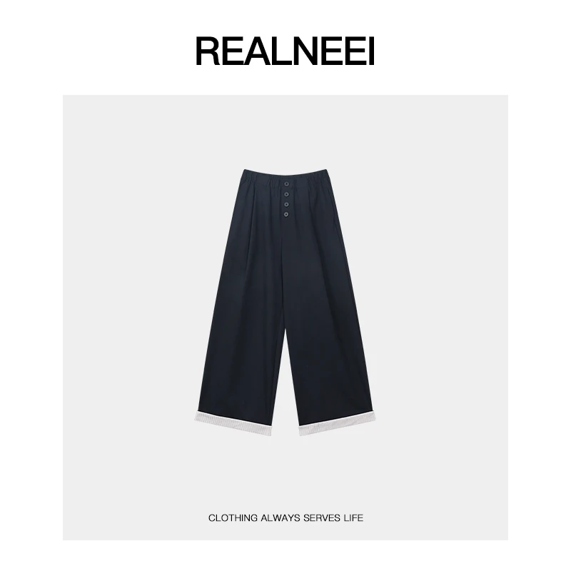 REALNEEI【怦然蓝调】复古卷边设计感高腰阔腿裤休闲直筒裤25233