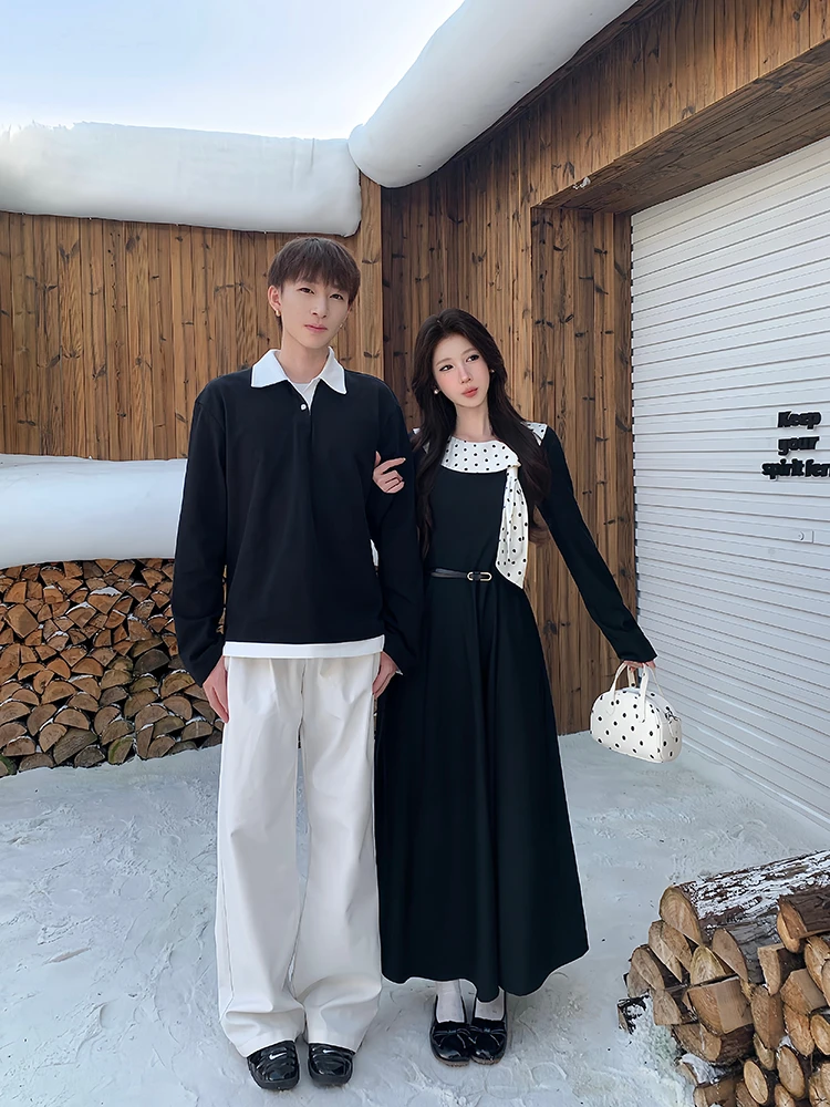 情侣装秋季长袖小众设计卫衣女连衣裙男假两件潮