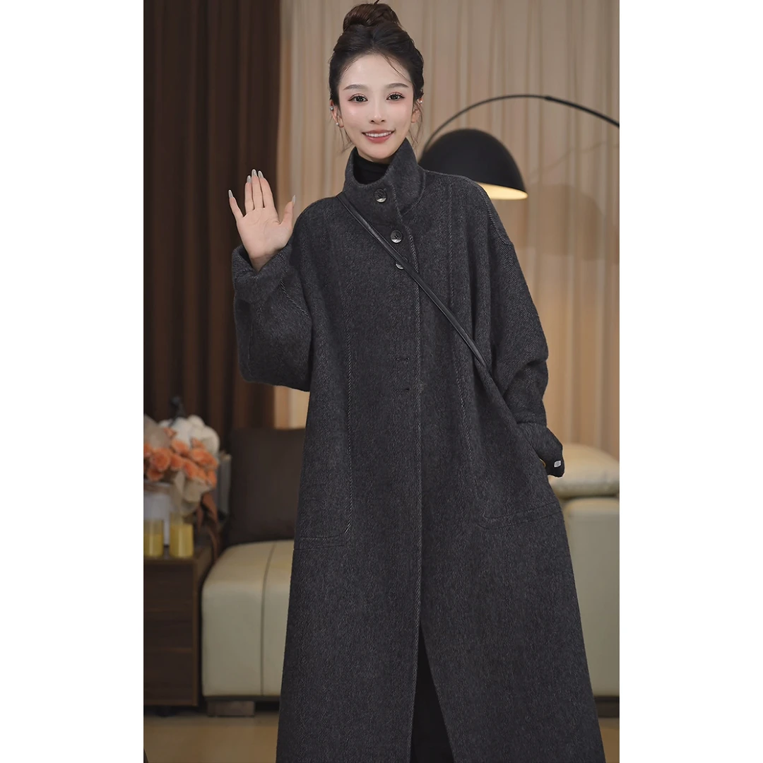 秋冬复古气质宽松时尚简约立领单排扣长款羊毛大衣 5522
