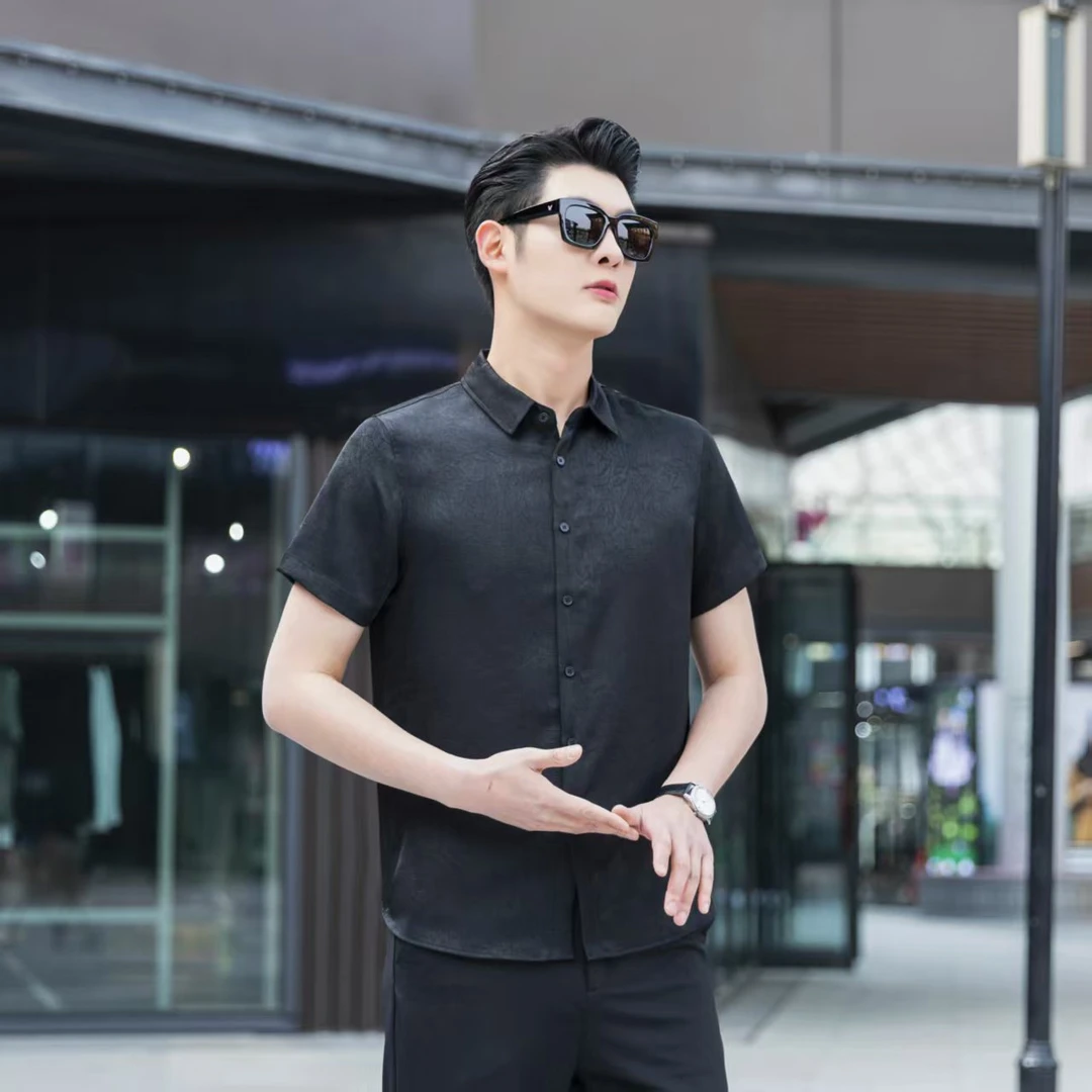 夏季男桑蚕丝印花薄款短袖民族风香云纱衬衫套装翻领透气简约韩版