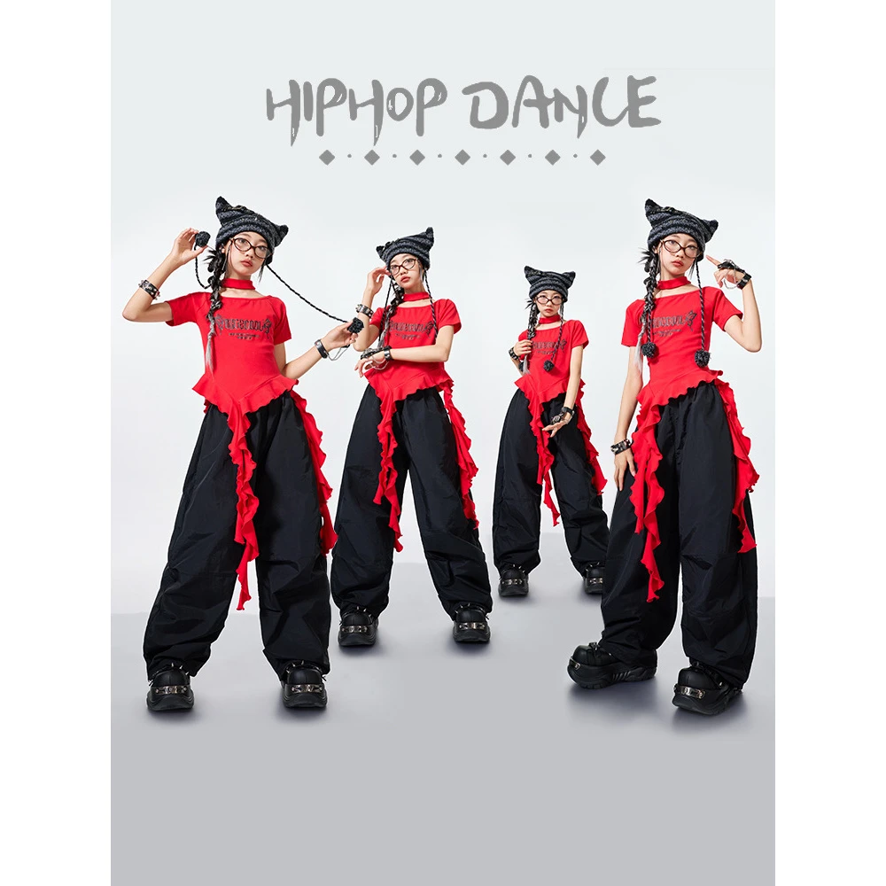 儿童爵士舞服装女童露脐JAZZ红色套装街舞演出服潮酷模特走秀夏季