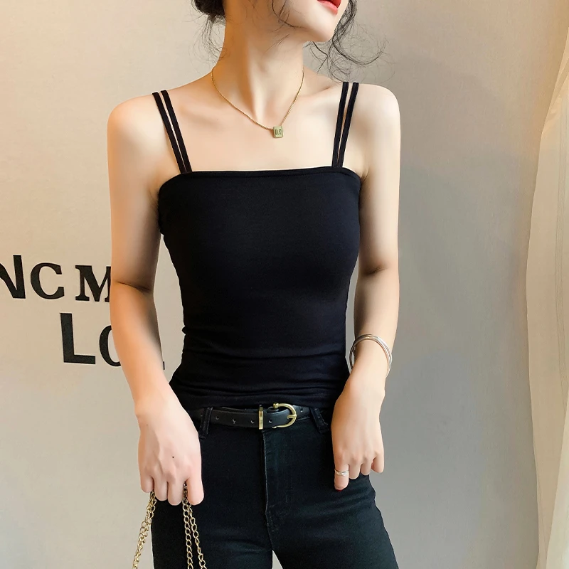 拉夏贝尔棉质双肩带小吊带背心女黑色一字肩美背春夏新款胸垫上衣