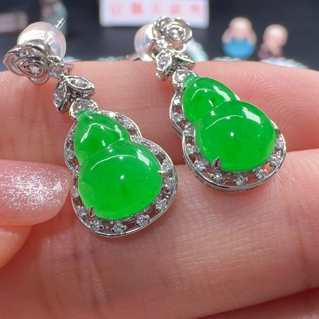 未镶嵌手串翡翠色标级！冰正阳绿葫芦耳坠卡12.6/8.6mm