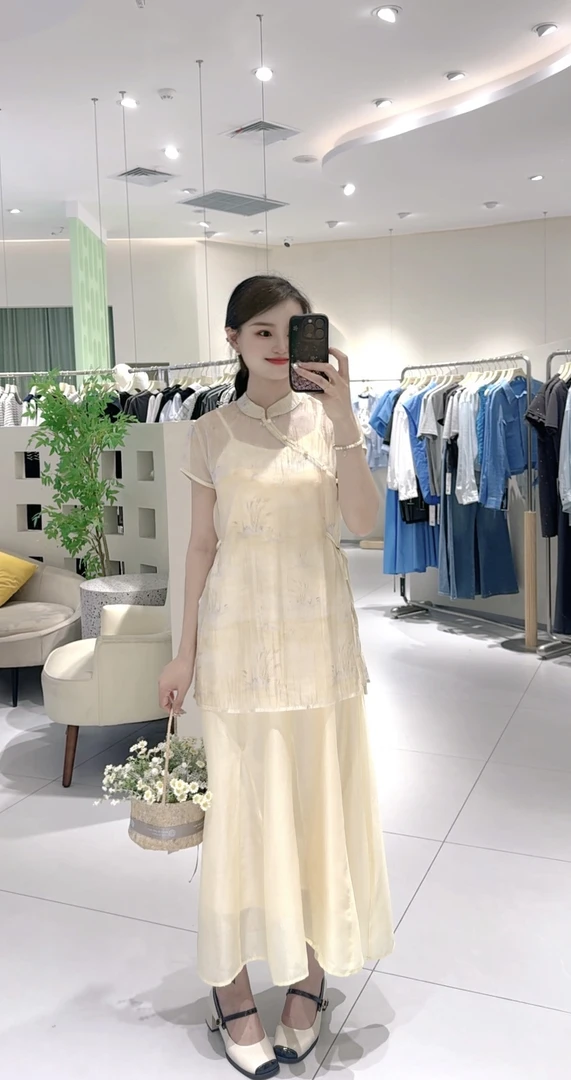 艾然夏季上新国风系带罩裙显瘦气质长款时尚6045