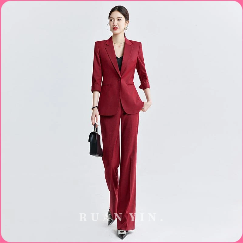 RUAN YIN商务时尚西装套装2025夏季薄款烈火红七分袖成熟御姐范通