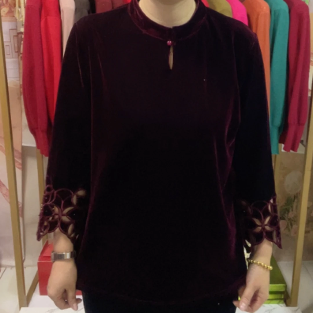 镂空袖丝绒祺袍上衣