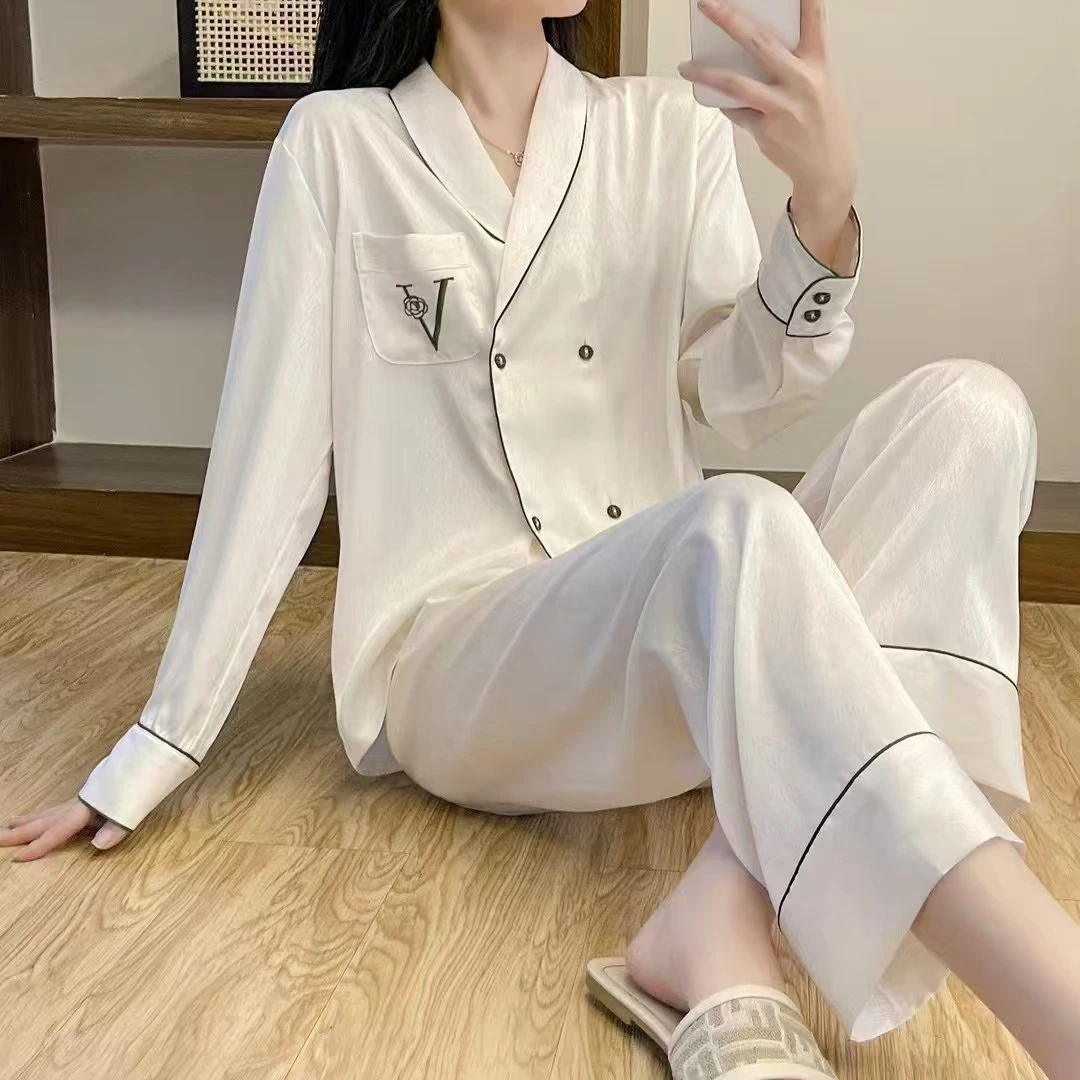 25年新款春秋冰丝睡衣女双排扣长袖长裤家居服可外穿套装女款