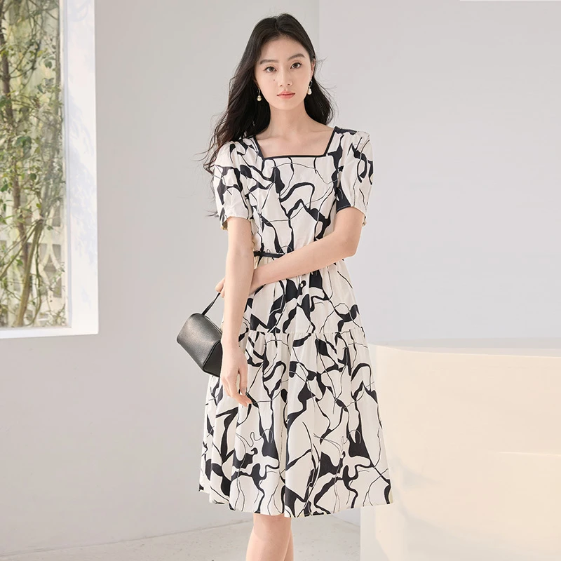 【直播专享】Q4042402连衣裙 香影方领印花连衣裙女春季新款超好看