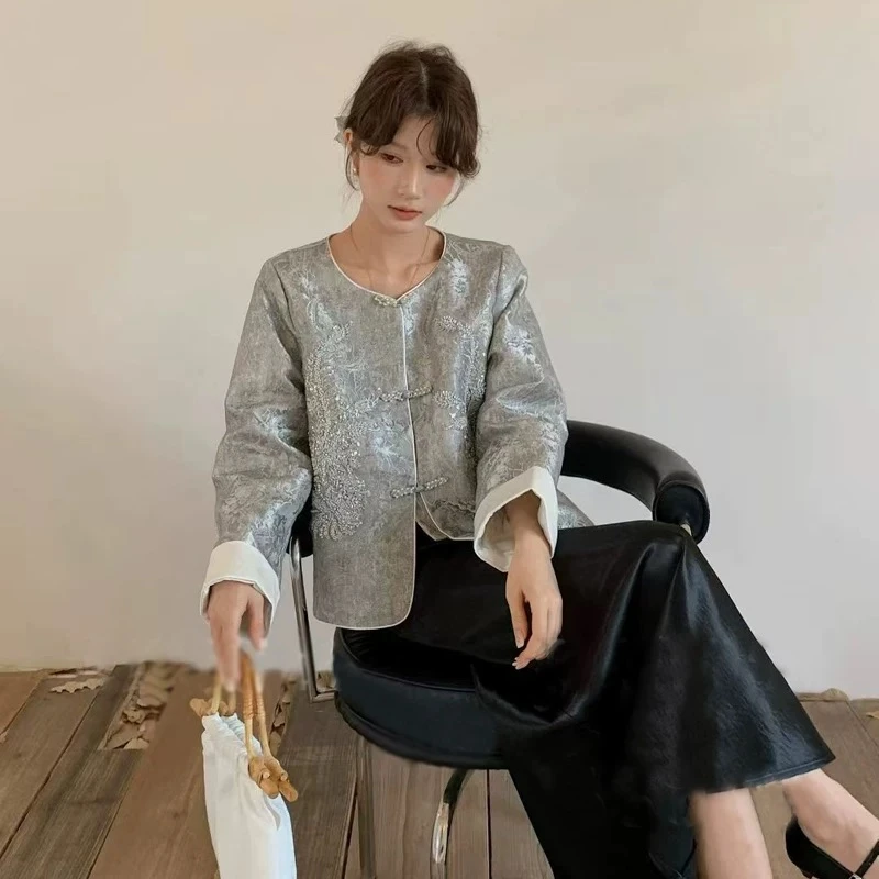 SS25918秋款重工钉珠亮片新中式外套长袖宽松盘扣轻国风开衫上衣