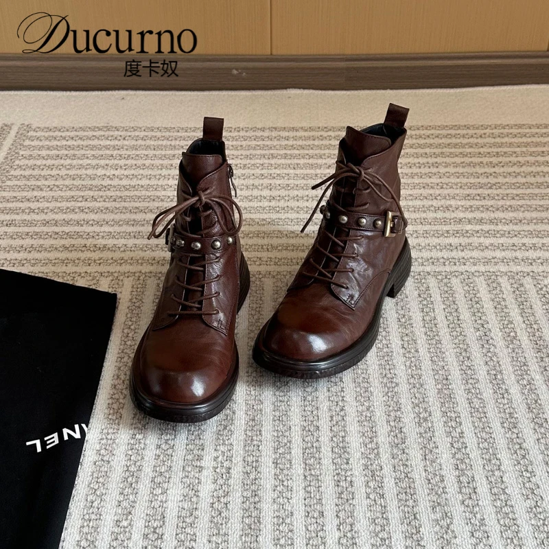 度卡奴真皮厚底系带马丁靴女2025新款秋冬机车靴子皮带扣粗跟短靴