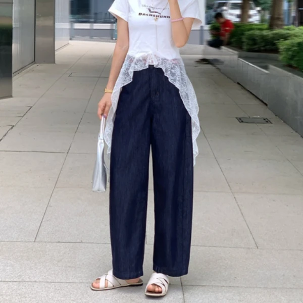 XiANJiE 2025夏季新款气球弯刀裤休闲阔腿牛仔裤
