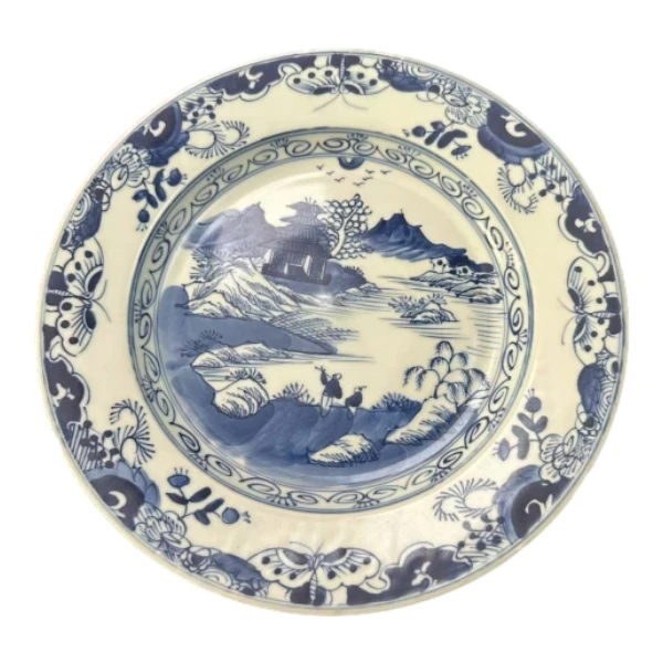 清中期吉字款青花山水人家赏盘