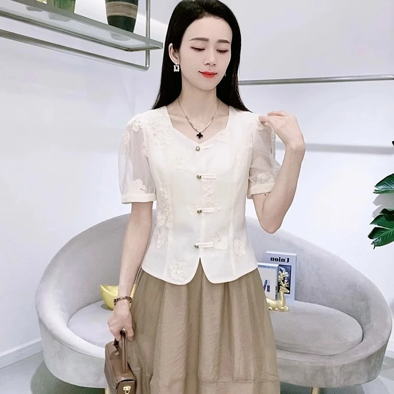 La babite中国风衬衫女2025新款夏季蕾丝打底衫新中式短袖t恤上衣