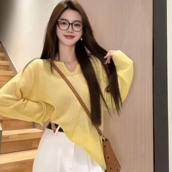 2025秋冬季镂空罩衫上衣胖mm大码宽松慵懒风半开领长袖针织衫女