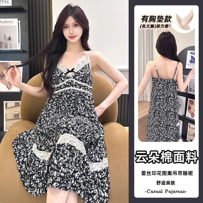 睡衣爆款2025新款云朵棉蕾丝花边黑色吊带蝴蝶结带胸垫睡裙家居服