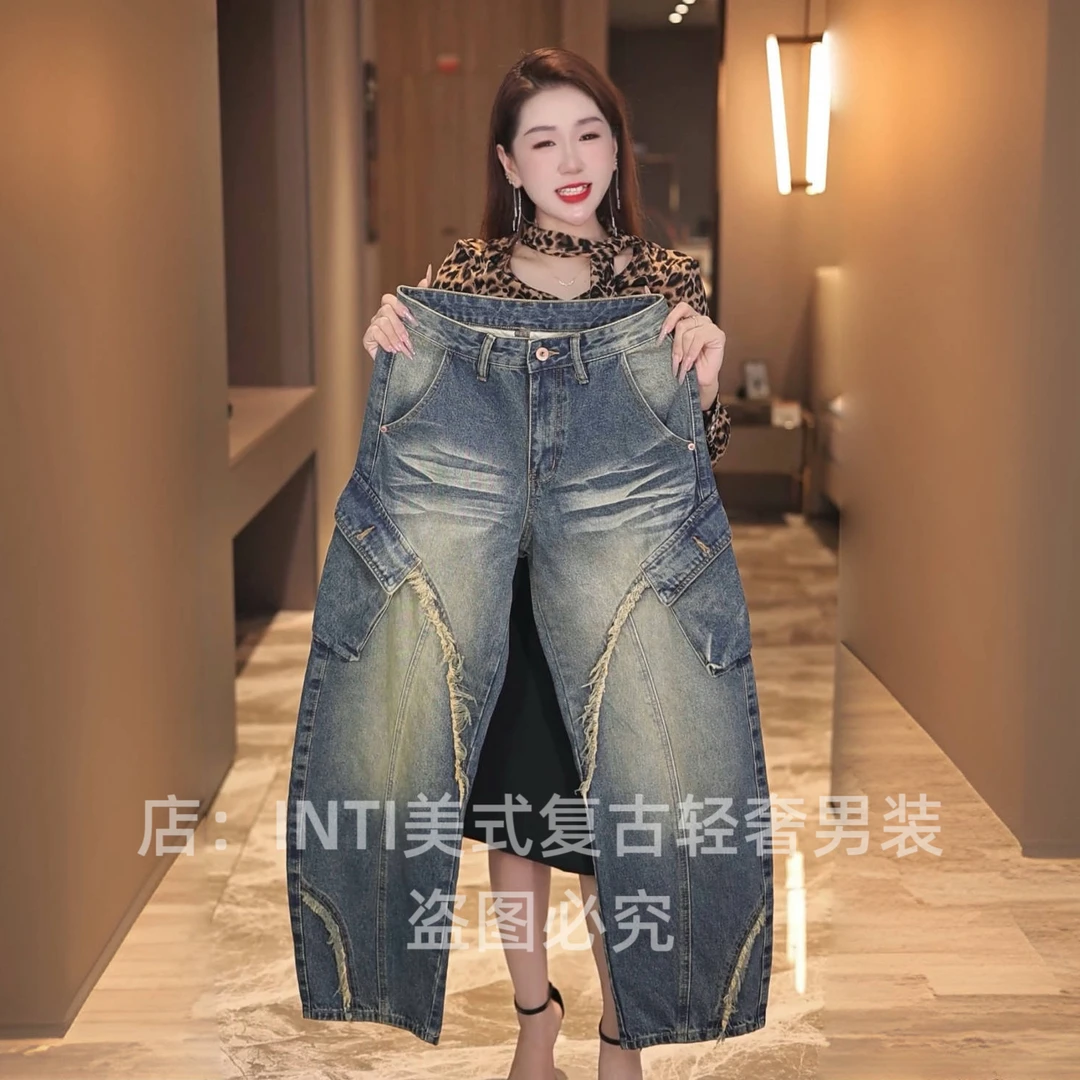 秋季原创高端弯刀牛仔裤男士个性复古做旧浅蓝阔腿大裤脚宽松直筒
