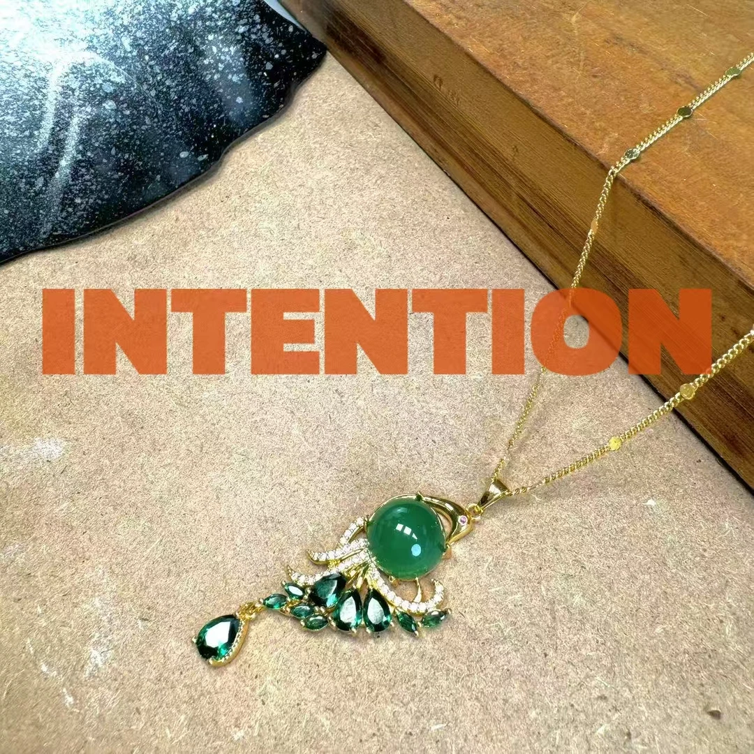 吊坠 正品INTENTION 新中式阳绿色孔雀吊坠带链子AE1169