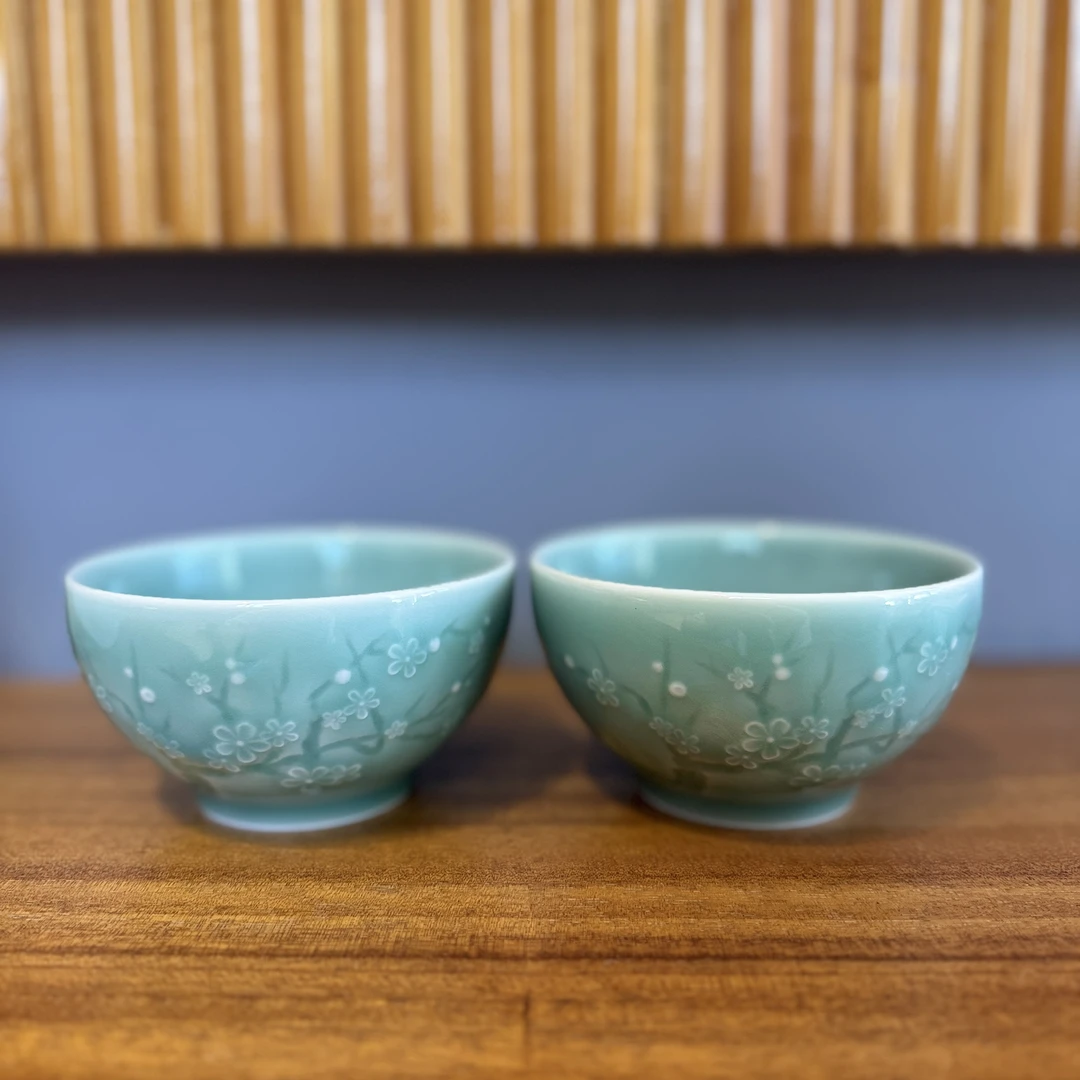 青瓷田园风荷花瓷釉盒装冰裂纹耐高温碗茶杯