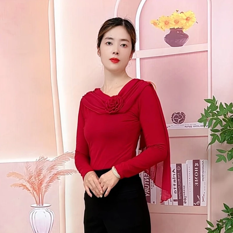 2025秋季长袖形体训练服女舞蹈服模特培训走秀显瘦修身遮肚打底衫
