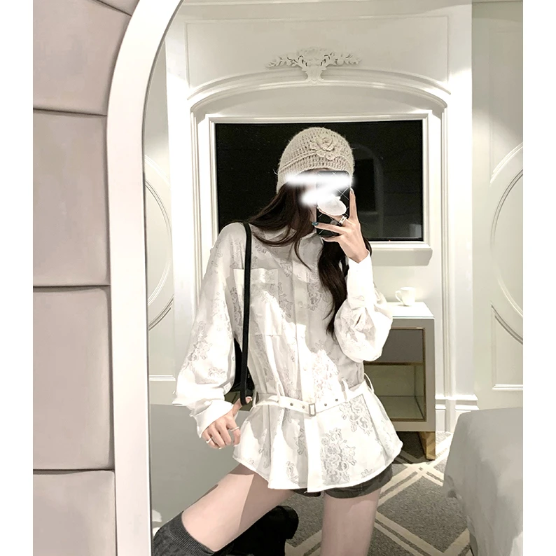 一忘皆空 法蕾女孩'浪漫蕾丝腰带衬衫春季气质宽松衬衣白色上衣