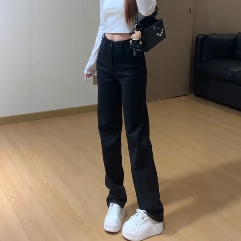 黑色极简风直筒窄版牛仔裤女2025秋季新款复古百搭高腰显瘦阔腿裤