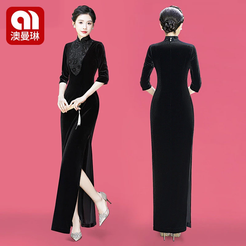 弹力高定重工金丝绒旗袍显瘦免熨烫优雅走秀中长款中国风舞台修身