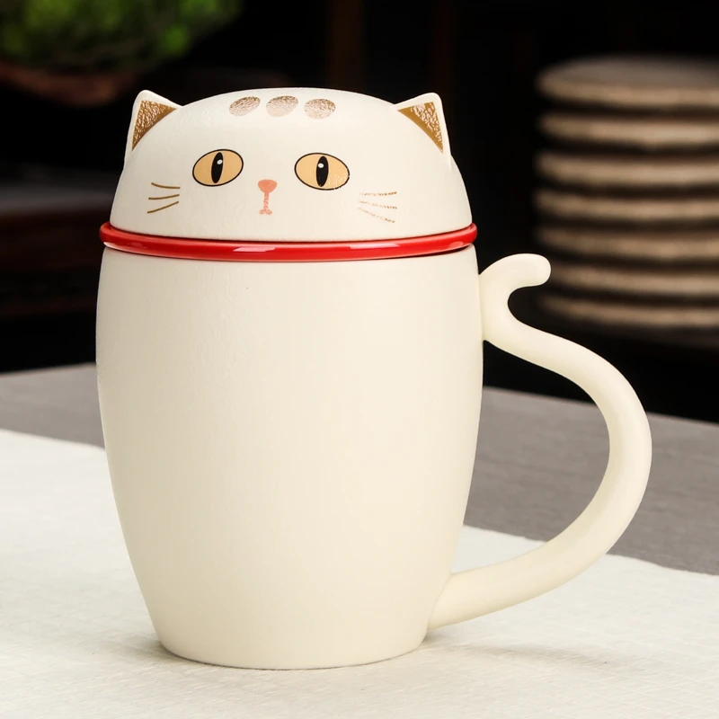招财猫茶杯茶水分离可爱萌猫带过滤带盖泡茶杯子家用办公礼品茶杯